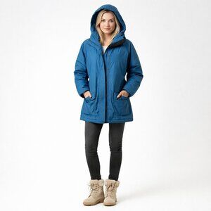 L L Bean Winter Coat Quilted Womens M Zippered Pockets Drawstring Hood Blue EUC